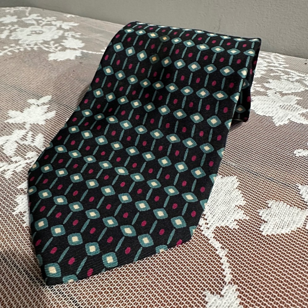 Vintage Chaps Ralph Lauren Necktie Mens OS Black Teal Burgundy Geometric Silk